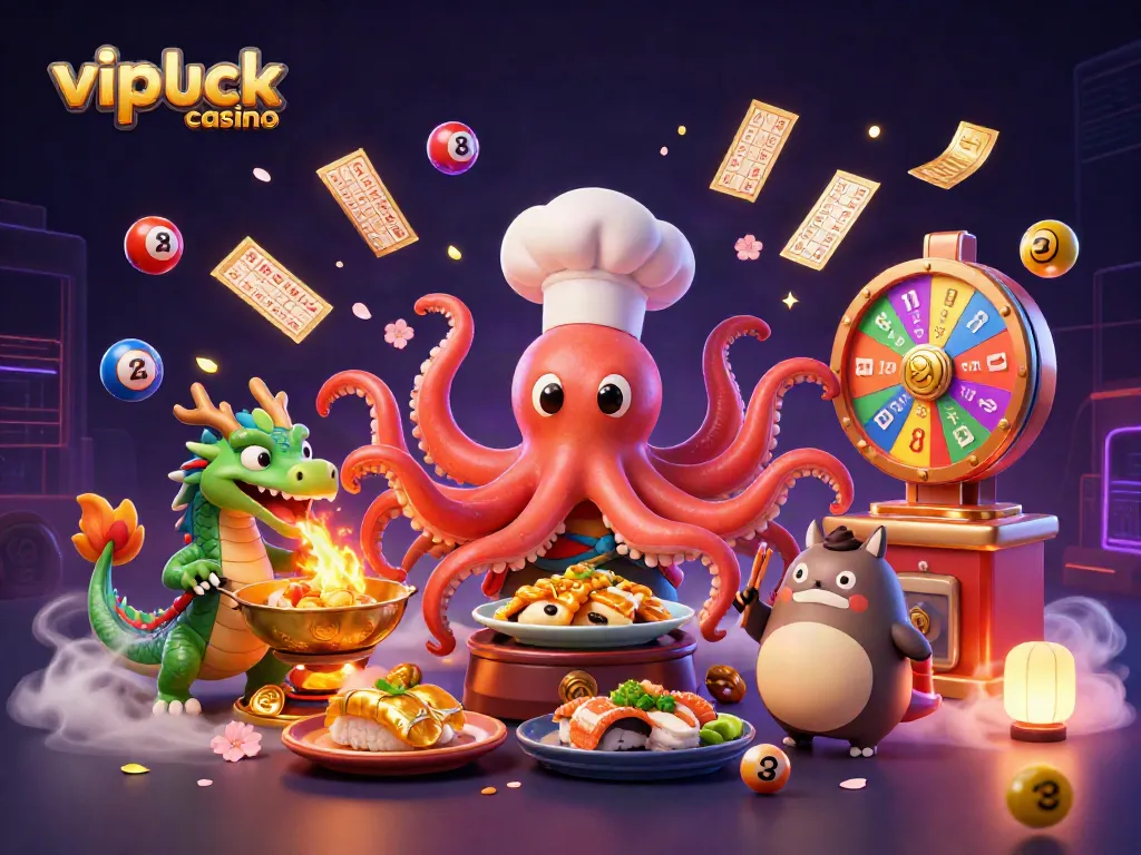 Experience the excitement at vipluck casino as a dragon breathes fire and sushi chef prepares dishes.