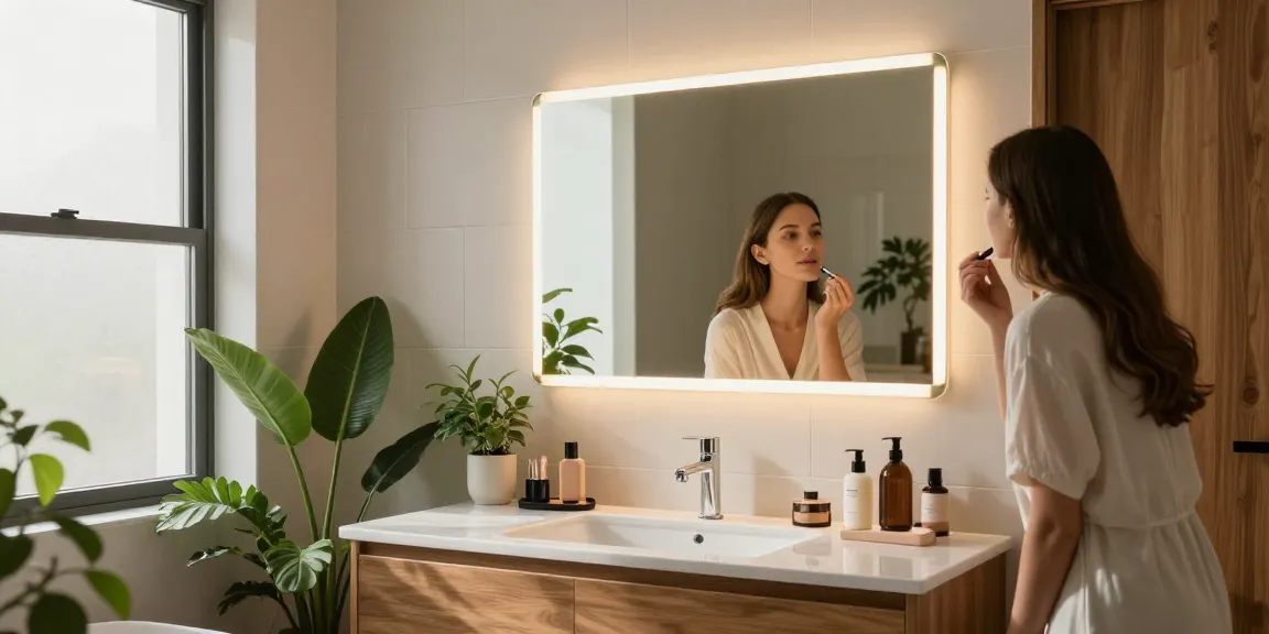 Moderne badkamer met badkamerspiegel met verlichting en verwarming die een uitnodigende sfeer versterkt.