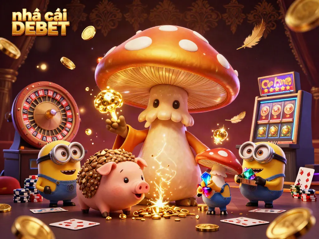 Join the excitement at nhà cái DEBET with a magical scene of cartoon characters engaging in thrilling casino games.