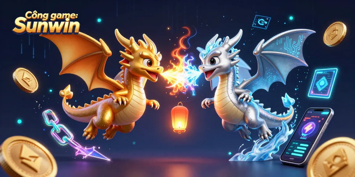Engage with Cổng game Sunwin in a dynamic 3D scene featuring dragons, crypto coins, and colorful gaming elements.