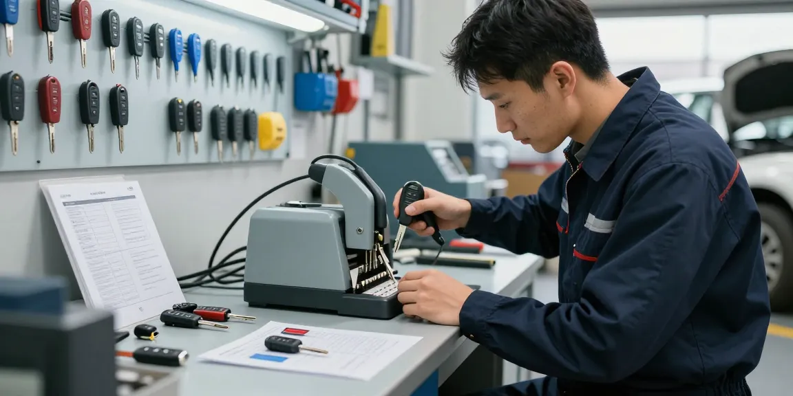 Autoschlüssel nachmachen in einer professionellen Werkstatt mit einem Techniker, der einen Autoschlüssel kopiert.