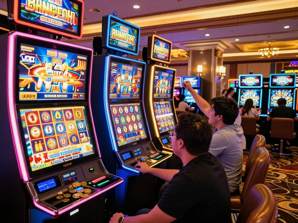 Players celebrating a win at slot gacor 777 machines in a lively casino.