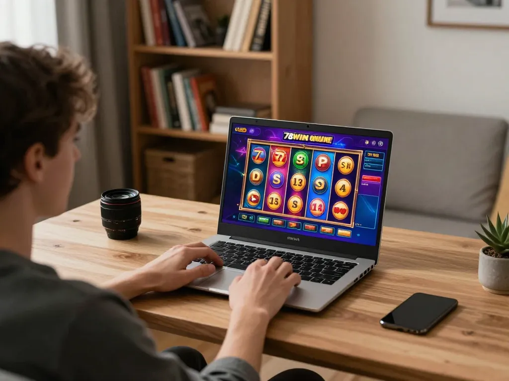 Engaging gameplay on 78WIN online casino with a user focusing on a vibrant slot game interface
