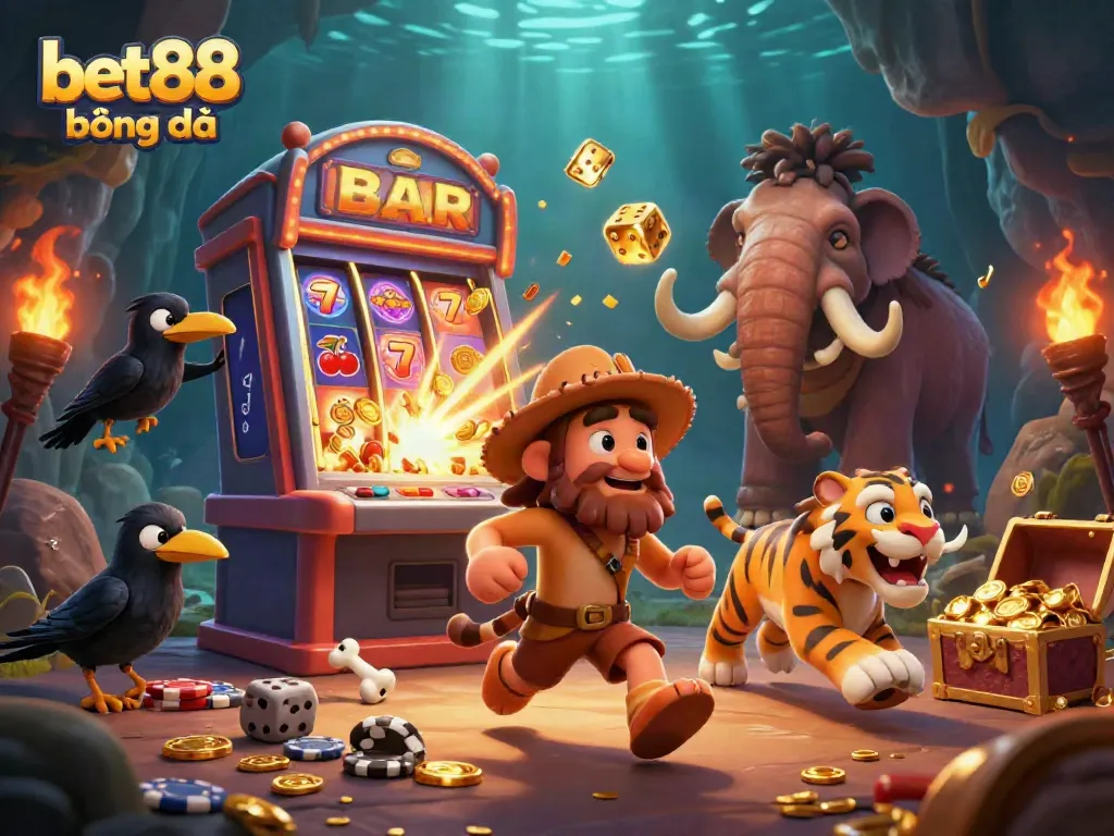 Experience thrilling bet88 bóng đá action with a lively casino scene featuring caveman characters and dynamic game elements.