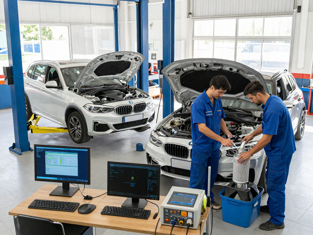 Professionelles BMW Werkstatt Hannover mit Mechanikern bei der Fahrzeuginspektion und DPF-Reinigung.