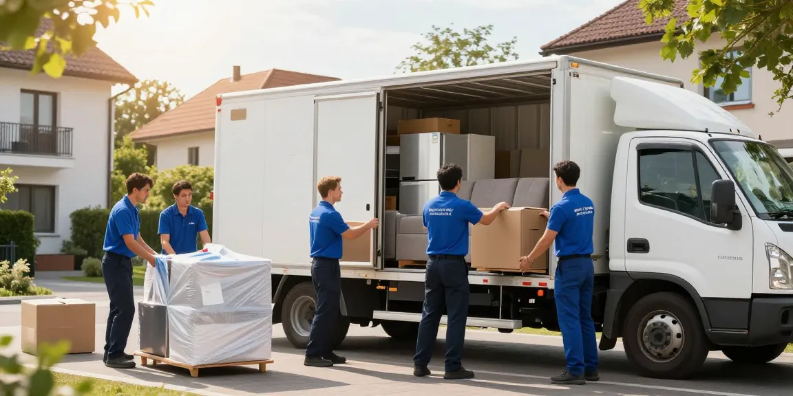 Umzugsunternehmen Darmstadt - professionelle Umzugshelfer beim Verpacken von Möbeln in einem Wohngebiet.