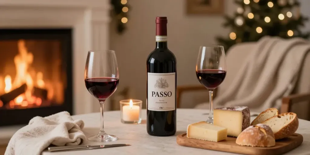Doppio Passo Primitivo kaufen: Elegante Wintertischdekoration mit Wein und Käse.