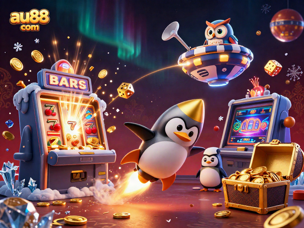 Experience the thrill of gaming with au88 com, featuring a golden penguin and jackpot slots bursting with treasures.