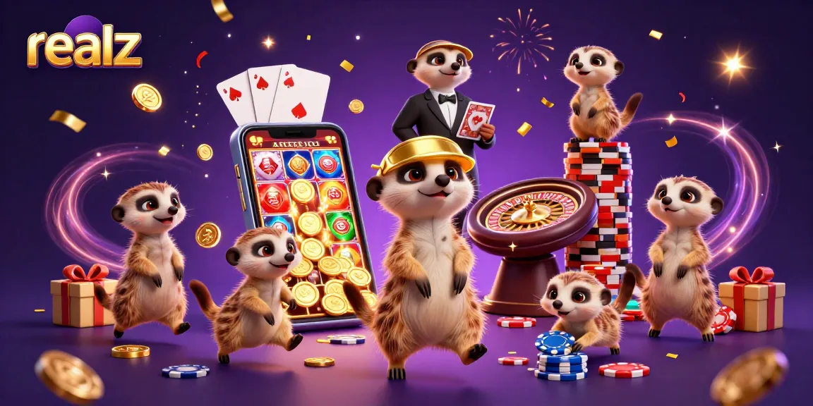 Experience exciting gameplay at Realz with cartoon meerkats managing a vibrant casino.