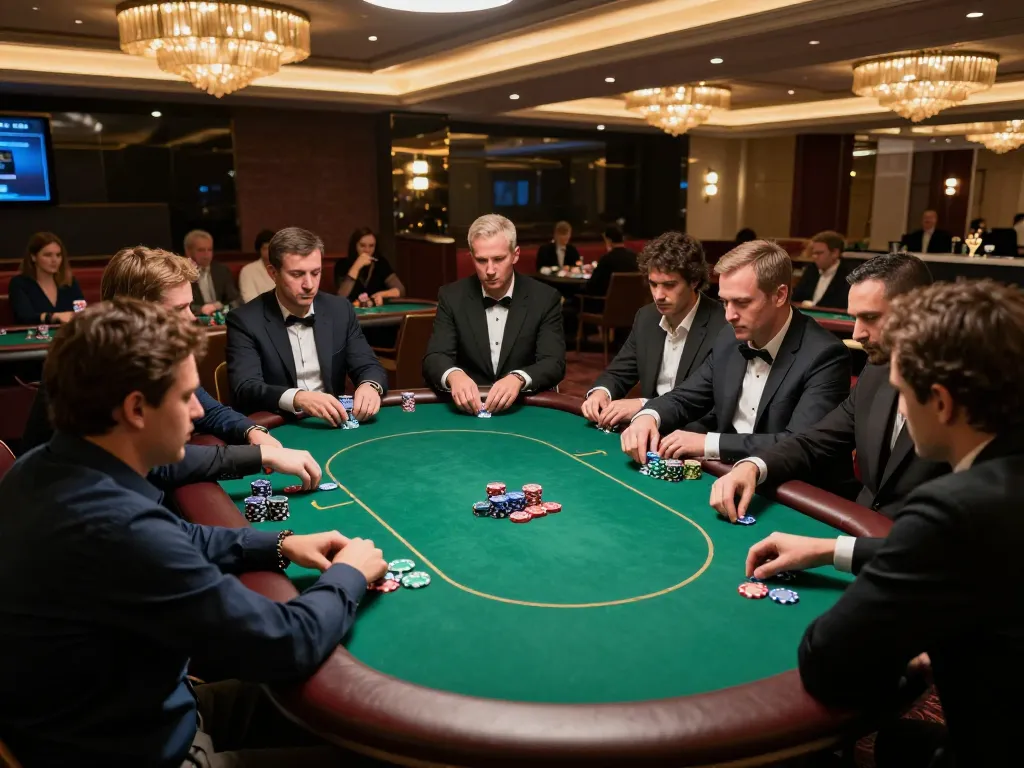 Engaged players strategizing in a high-stakes poker game at watchballonline's exclusive casino lounge