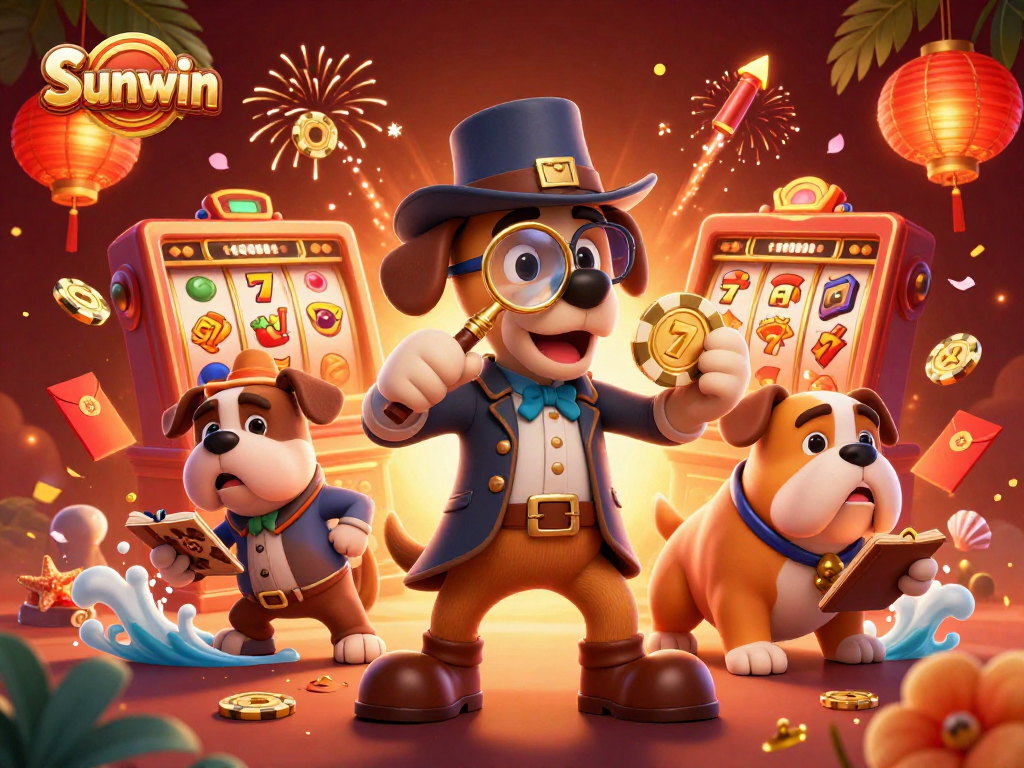Sunwin features a detective analyzing clues amid a vibrant casino environment with slot machines.