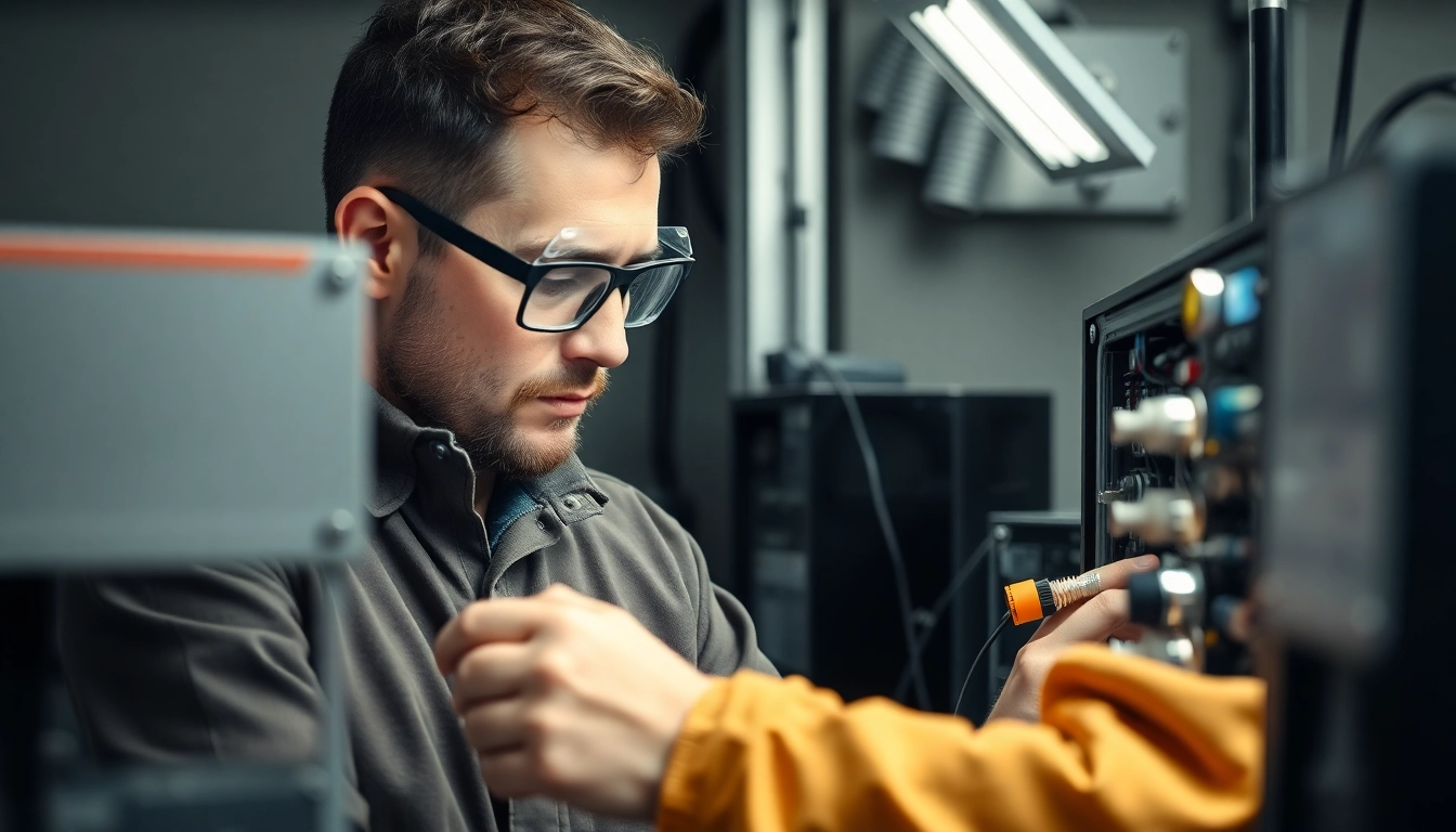 Techniker führt eine DGUV V3 Prüfung an einem elektrischen Gerät durch, um Sicherheit am Arbeitsplatz zu gewährleisten.
