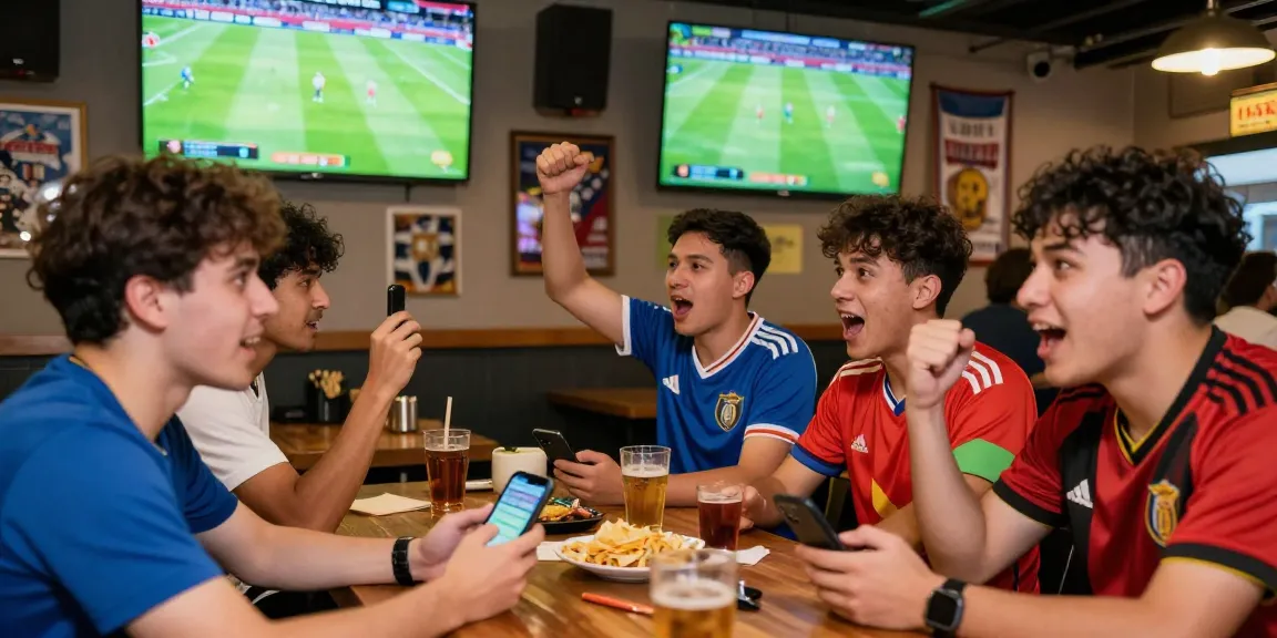 Fußball Wetten in einer Sportbar mit Fans, die live Spiele schauen und auf Smartphones setzen.