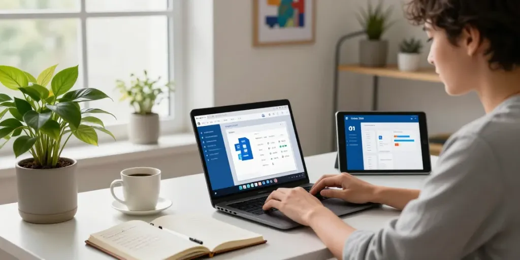 Professionelle Installation von Office 2024 Home in einem modernen Home Office mit Laptop und Notizen.