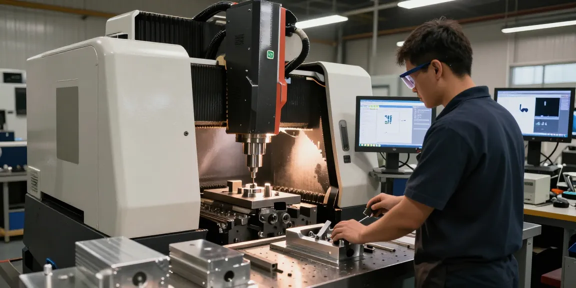 CNC-Bearbeitung im modernen Werkstattumfeld mit Techniker an CNC-Maschine.
