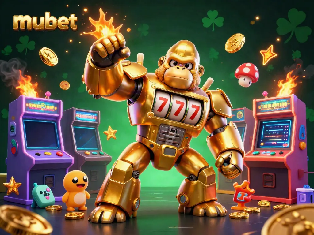 Win big at mubet with an exciting 3D gaming scene featuring a golden gorilla mech and dynamic arcade machines.