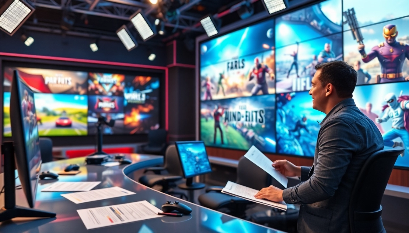 Aktuelle Spiele News in einem dynamischen Nachrichtensetting mit lebhaften Grafiken.