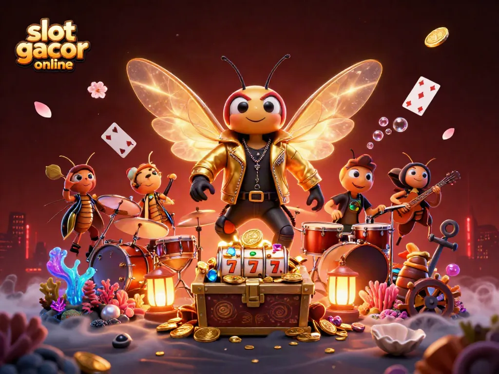 Experience excitement in slot gacor online with a rock star cicada performing amidst vibrant casino elements and gold!