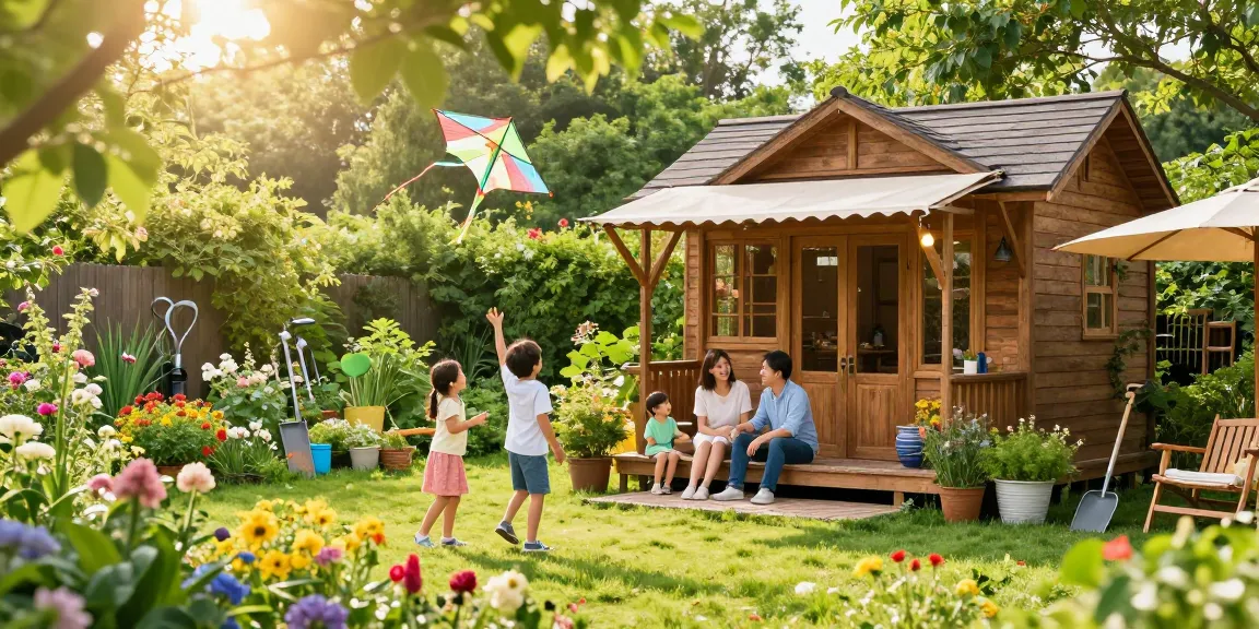 Helles Gartenhaus Holz umgeben von bunten Blumen und spielenden Kindern.