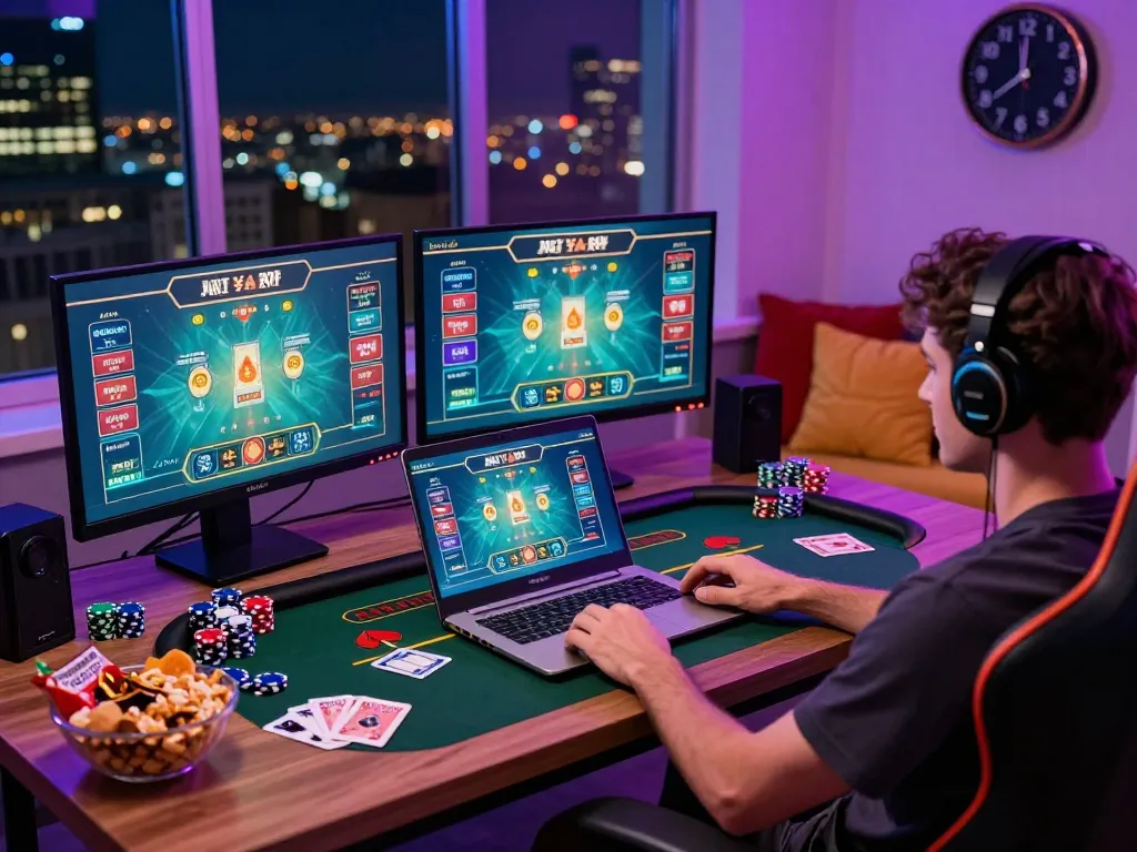 Engaging online gambling scene with aud77 player enjoying a vibrant gaming experience.