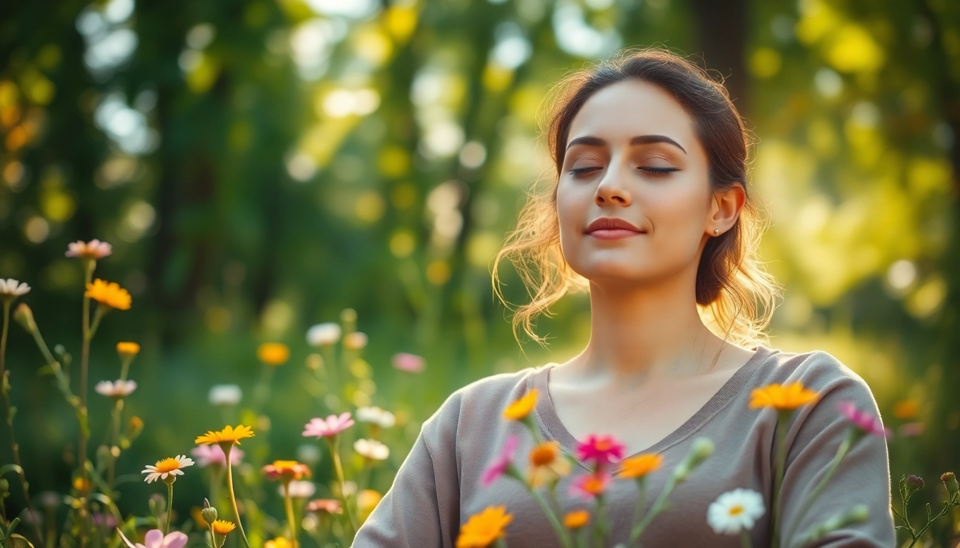 Enhance emotional wellbeing through meditation, featuring a serene woman surrounded by nature.