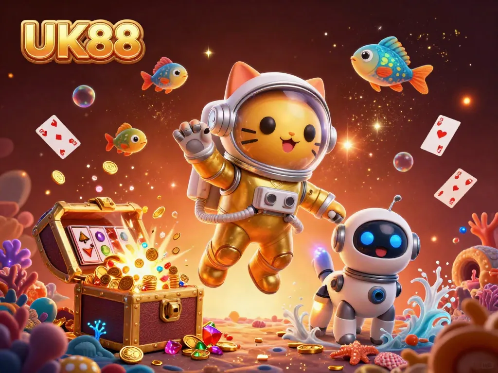 Experience thrilling wins with UK88 as a golden astronaut cat and robotic dog explore a dynamic casino scene.