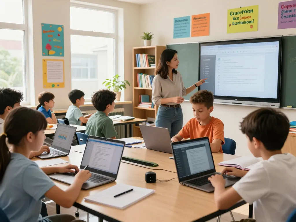 Schüler nutzen Hausaufgaben KI für Hausaufgaben in einem modernen Klassenzimmer.