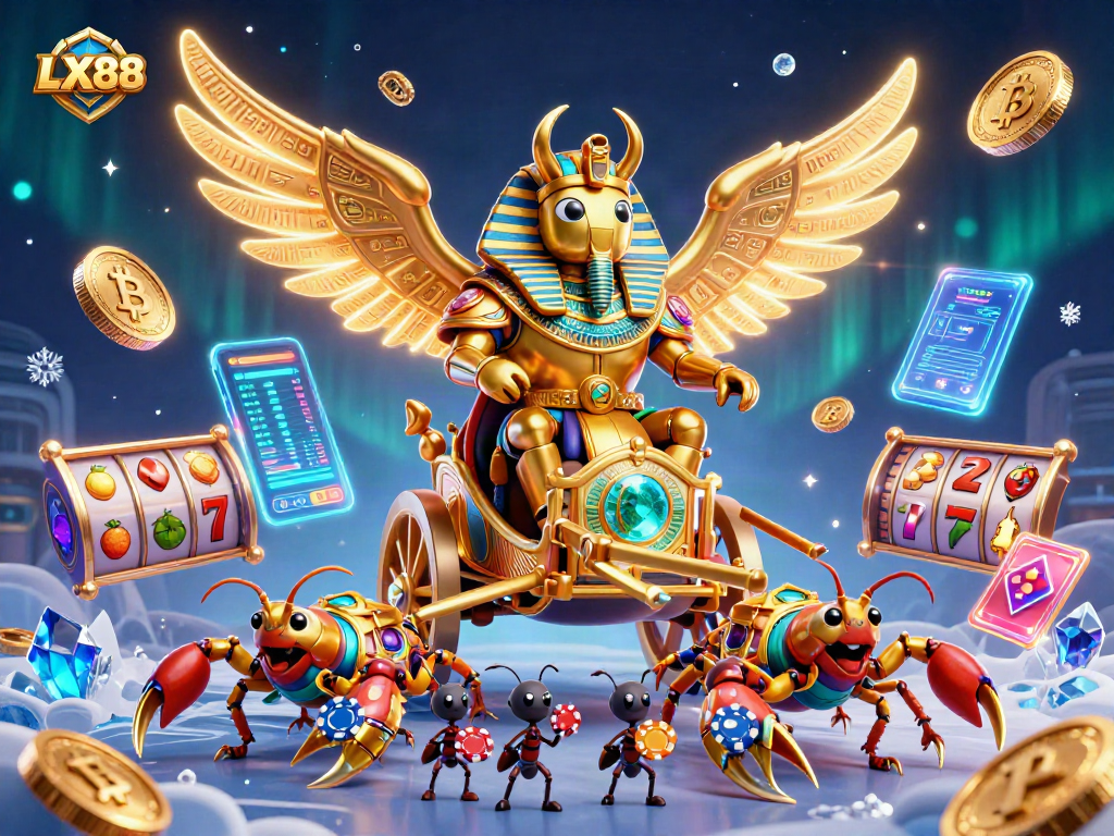 Experience exhilarating gaming with LX88, featuring a golden beetle chariot and interactive slot elements.