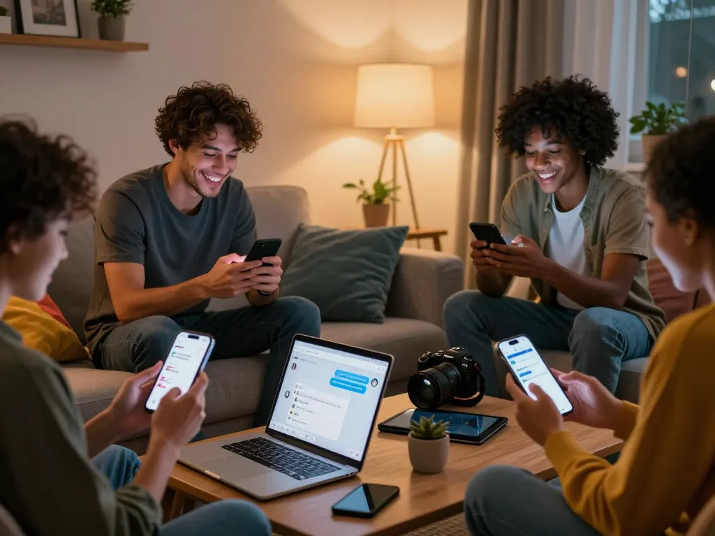 Sexting AI interaction in a cozy living room, showcasing diverse young adults engaged with chat applications.