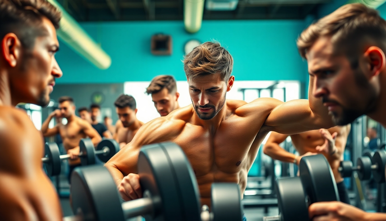 HGH kaufen zur Förderung des Muskelaufbaus in einem lebendigen Fitnessstudio.