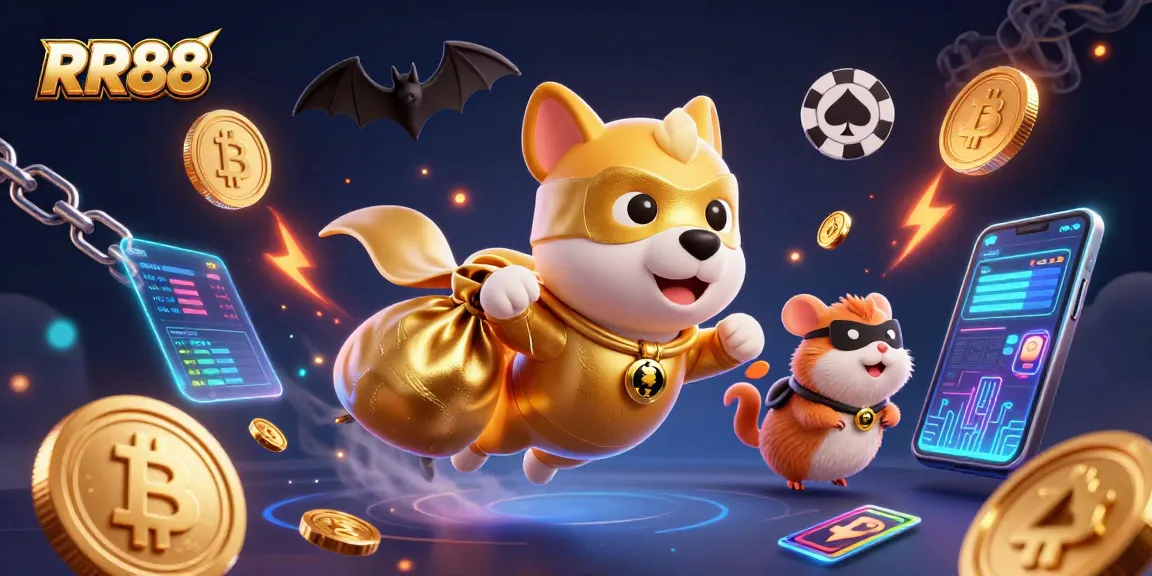 Engage in thrilling gambling experiences with RR88, featuring dynamic cartoon elements and cryptocurrency icons.