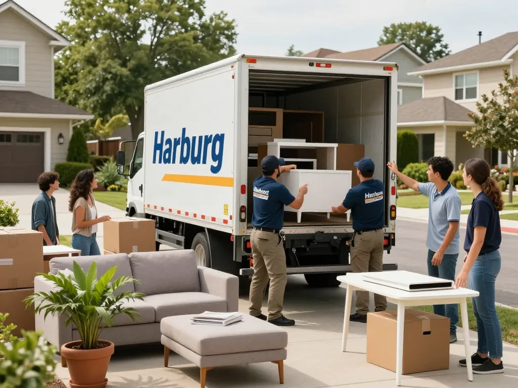 Effiziente Umzugshelfer von umzugsfirma harburg beladen Möbel in einen Lkw während eines Wohnungsumzugs.