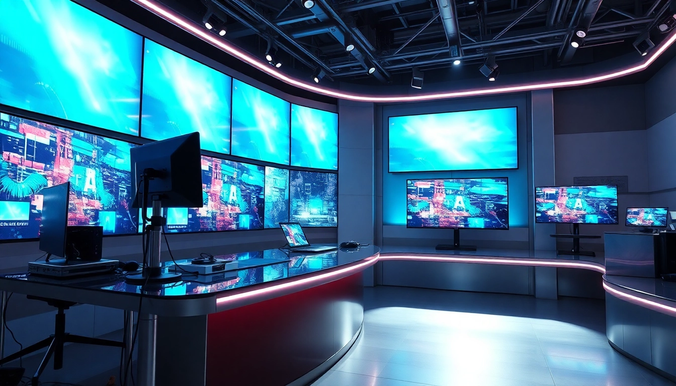 Aktuelle Technik News auf Bildschirmen in einem modernen News-Studio präsentieren.