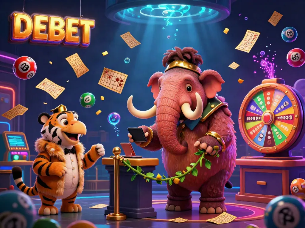 Experience the vibrant world of DEBET with unique gaming elements and dynamic characters in a lively casino atmosphere.
