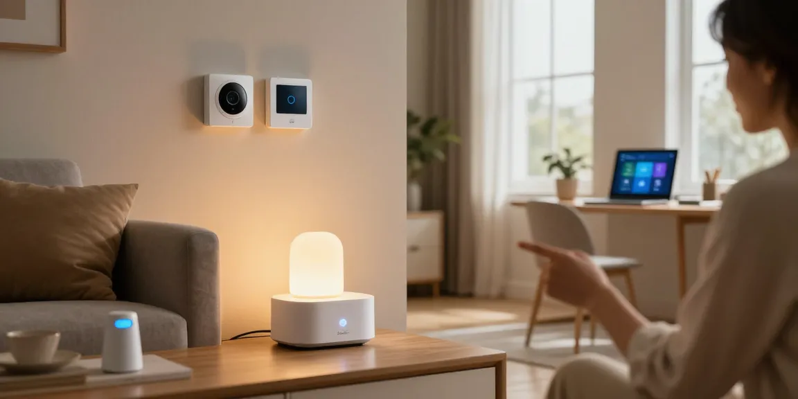Zigbee-Hub steuert Smart-Home-Geräte in einem gemütlichen Wohnzimmer