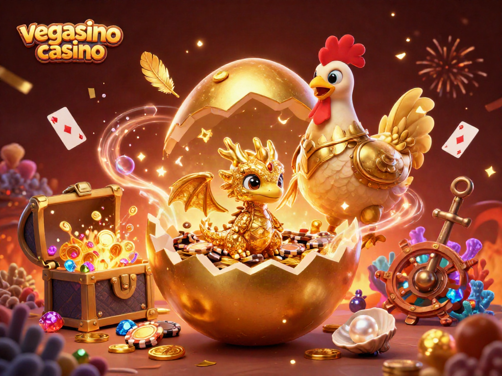 Experience vegasino casino magic with a 3D baby dragon, poker chips, and festive elements.