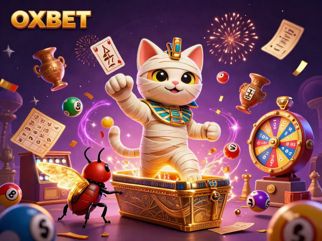 Experience exciting gameplay at OXBET with a vibrant scene featuring a mummy cat and dynamic casino elements.