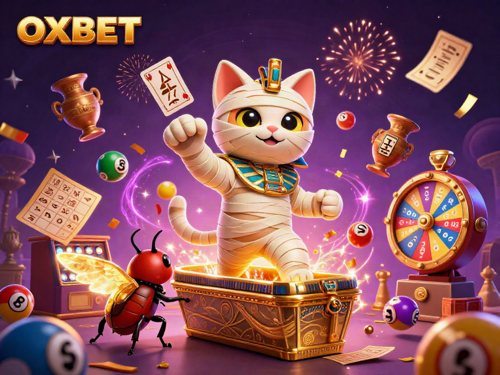 Experience exciting gameplay at OXBET with a vibrant scene featuring a mummy cat and dynamic casino elements.