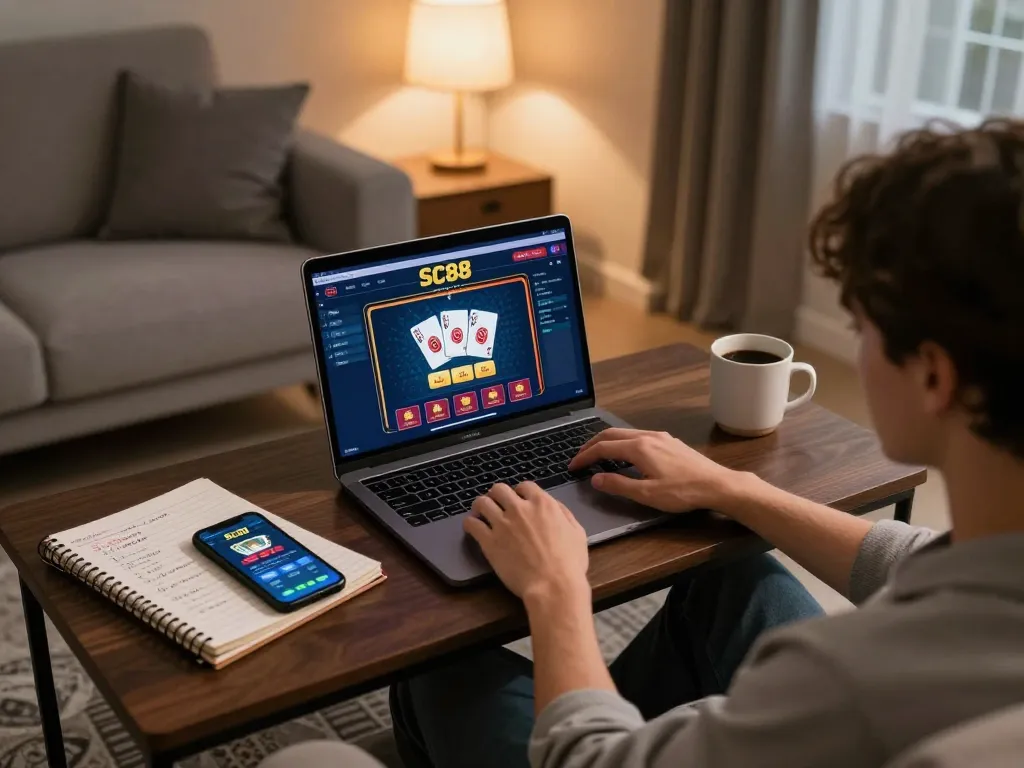 Engaged user registering on SC88 platform through an online gaming setup, showcasing the excitement of casino adventures.