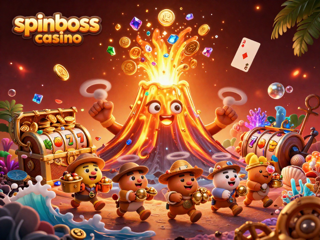 spinboss casino: Genießen Sie spannende Slot-Abenteuer mit einem eruptierenden Vulkan voller Schätze.