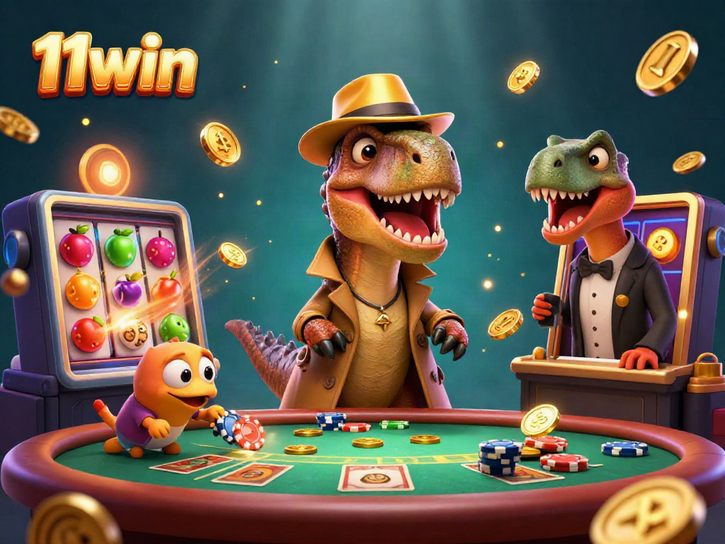 Experience thrilling moments at 11win with a fun scene of a velociraptor card counter and stegosaurus pit boss at a vibrant blackjack table.
