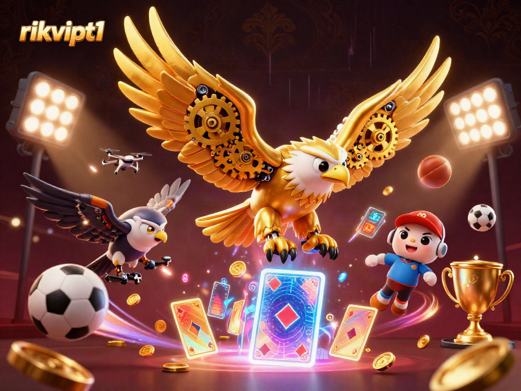 Experience thrilling action with rikvipt1 in this dynamic 3D casino scene featuring a golden eagle and sports elements.