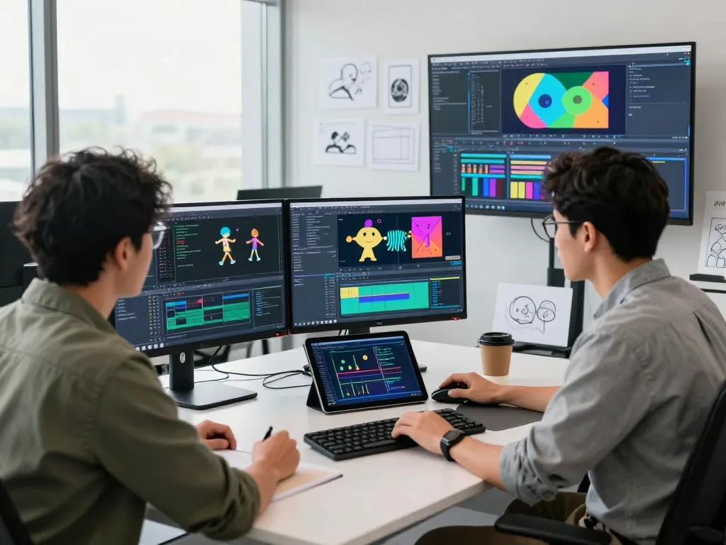 Dynamic motion control software development with engineers collaborating in an innovative workspace.