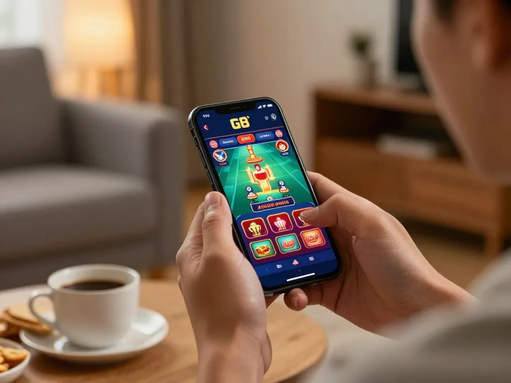 Engaging gaming moment with GG 88 app on smartphone in cozy home setting