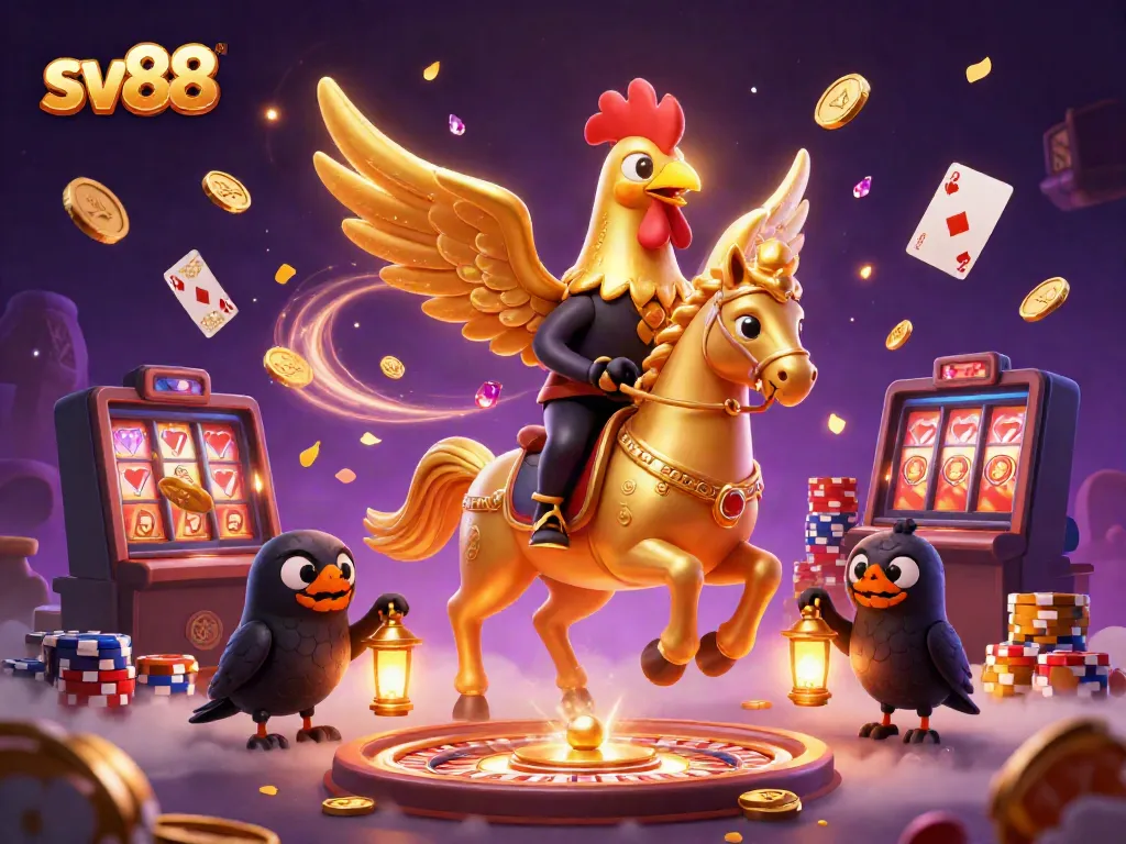Experience the thrill of sv88 in a vibrant casino setting with golden rooster and crow companions.