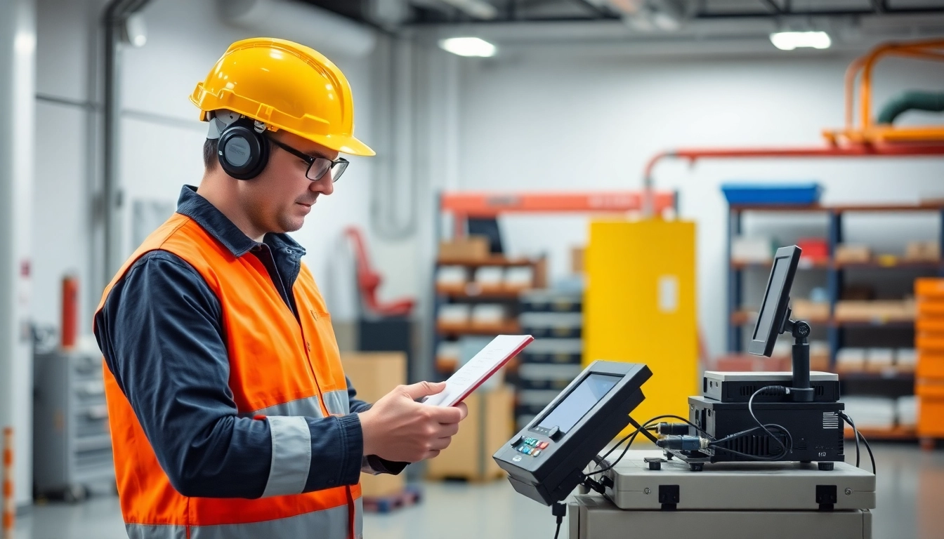 Professional conducting a DGUV V3 Prüfung, showcasing safety equipment and testing devices in a workplace setting.