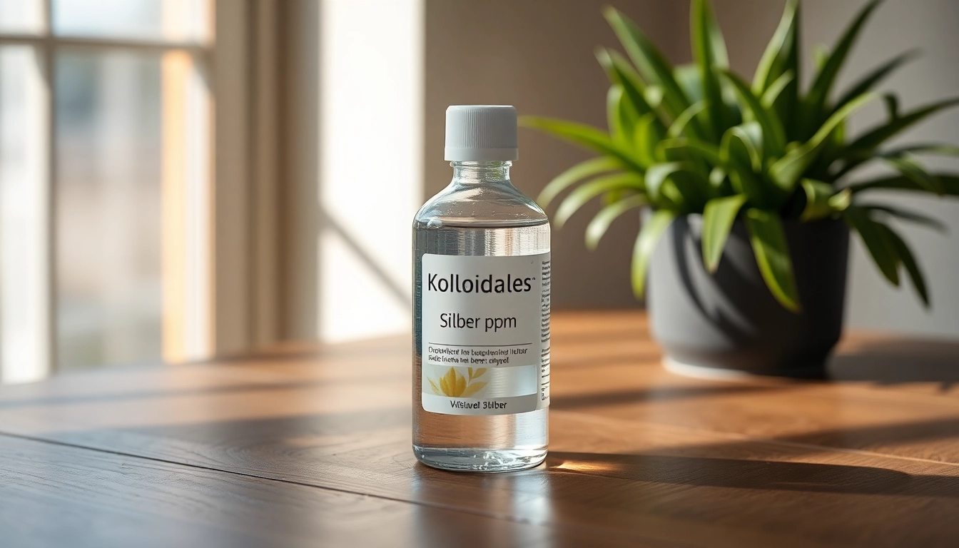 Kolloidales Silber 25 ppm in a glass bottle placed elegantly on a table amidst greenery, showcasing its purity and quality.