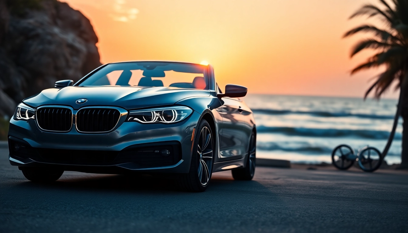 BMW kaufen: Eleganter BMW an der Küste mit malerischem Sonnenuntergang.