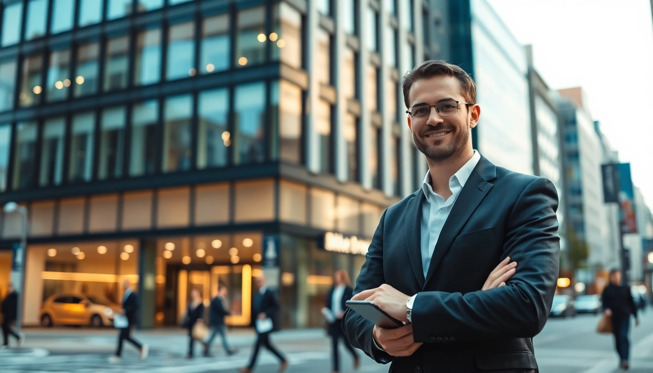 Immobilienmakler Frankfurt Riedberg präsentiert professionell Kunden an einem modernen Bürostandort.