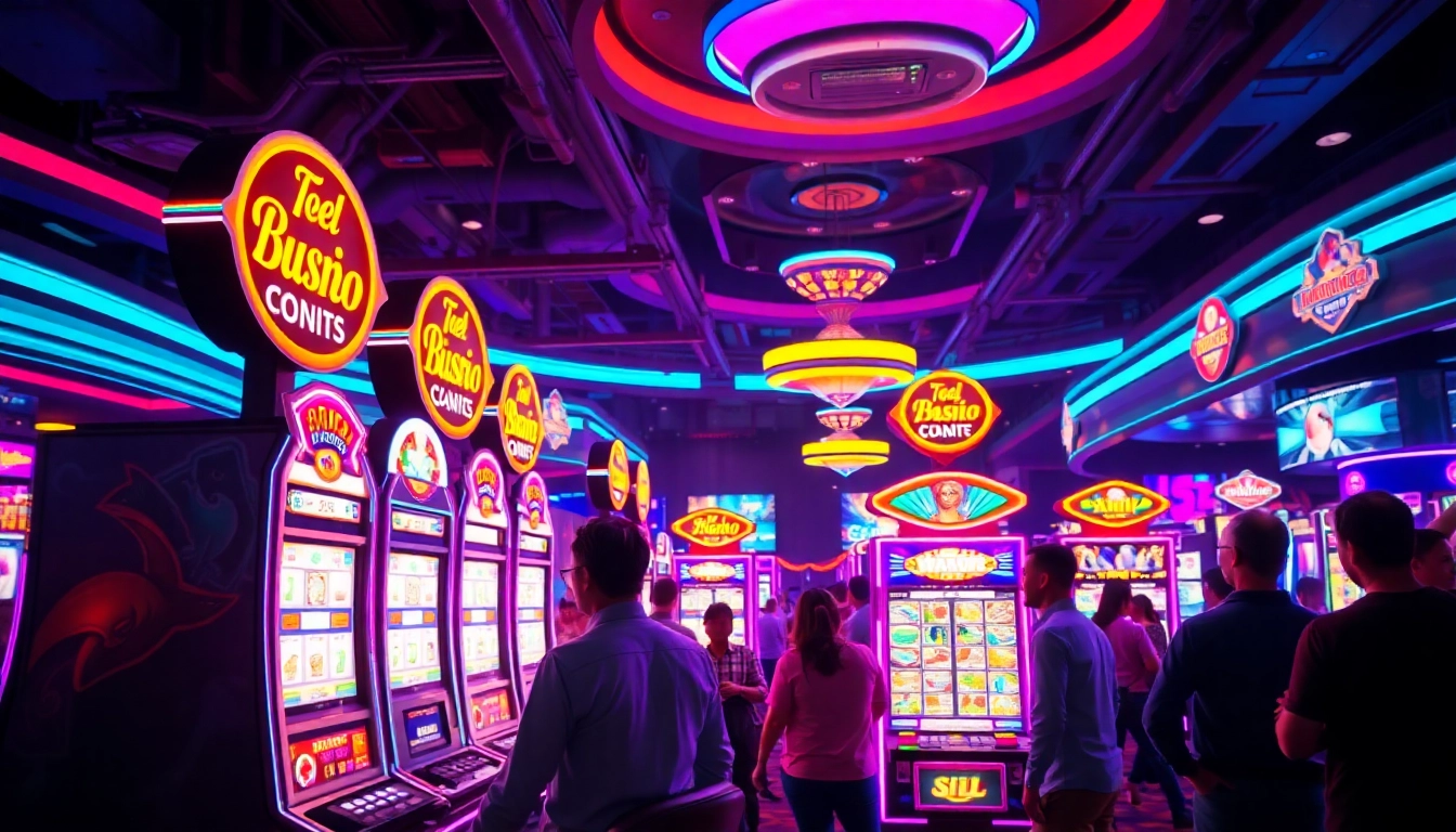 Exciting scene of casino bonus ohne einzahlung deutschland with vibrant slot machines and enthusiastic players.